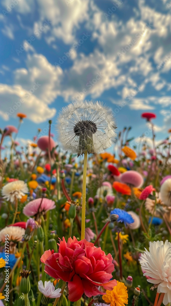 Dandelion on a meadow with blue sky and colorful flowers surrounding it