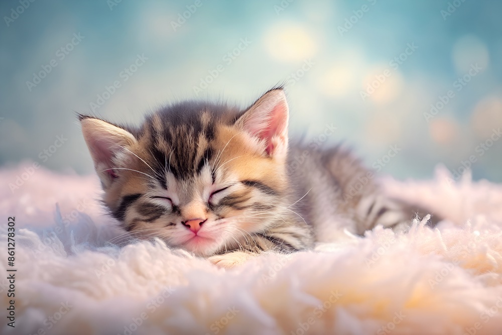 Fototapeta premium Cute sleeping baby cat on pastel backdrop