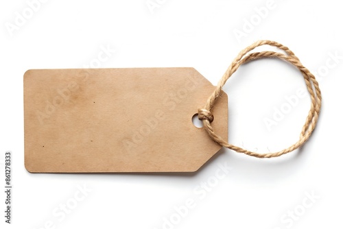 eco friendly sign - a paper tag with a twine isolated on white. Copy space image. Place for adding text or design