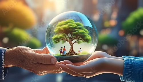 Green Energy - Elder's hand passes a crystal ball containing a tree to a child's hand. Conceptually generational passage of a green world through ecology. Generated image