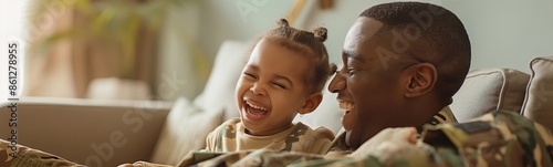 A happy child laughing joyfully while being embraced by a parent dressed in a military uniform, sitting on a couch.