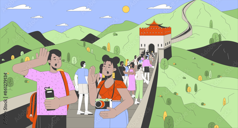 Naklejka premium Tourists at Great Wall of China cartoon flat illustration. Multinational crowd on sightseeing tour 2D line characters colorful background. Visit famous attraction scene vector storytelling image