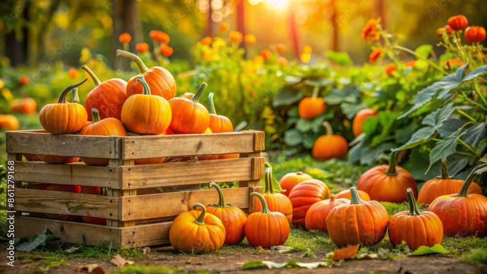 Vibrant orange Uchiki Kuri pumpkins scattered amidst lush green vines and rustic wooden crates in a serene autumnal setting. Vibrant orange Uchiki Kuri pumpkins scattered amidst lush green vines and rustic wooden crates in a serene autumnal setting.