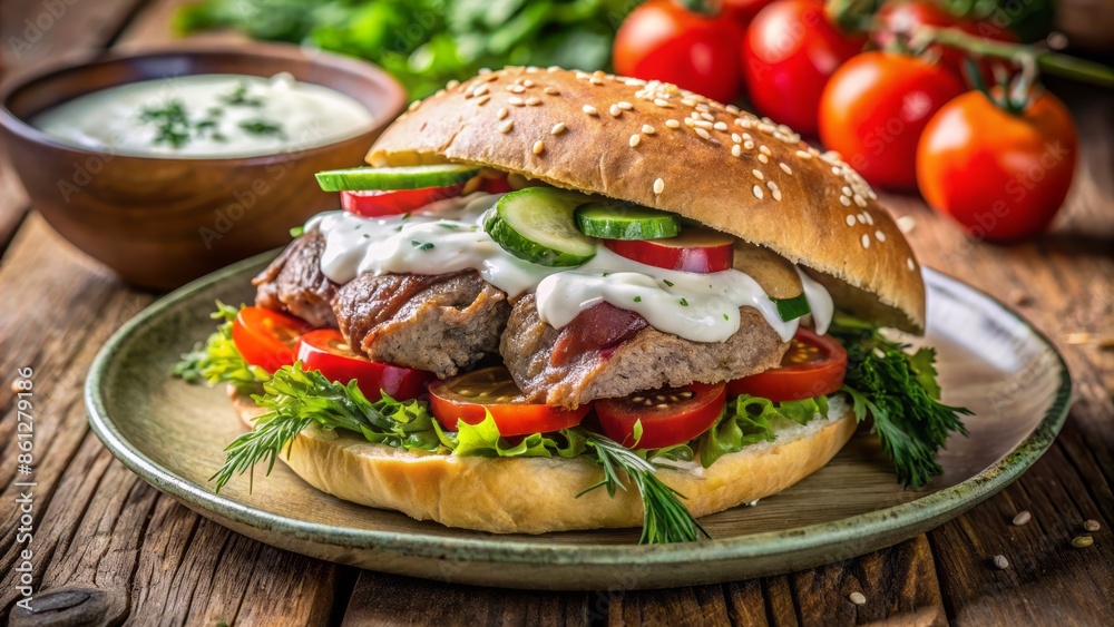 Juicy lamb and beef mix wrapped in crispy sesame-topped bun, served with veggies and tangy tzatziki sauce on a plate. Juicy lamb and beef mix wrapped in crispy sesame-topped bun, served with veggies and tangy tzatziki sauce on a plate.