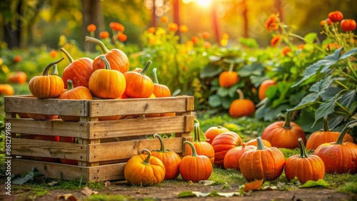 Vibrant orange Uchiki Kuri pumpkins scattered amidst lush green vines and rustic wooden crates in a serene autumnal setting. photo