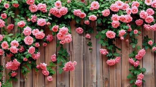 A pink rose bush in full bloom grows along a wooden fence in a residential backyard