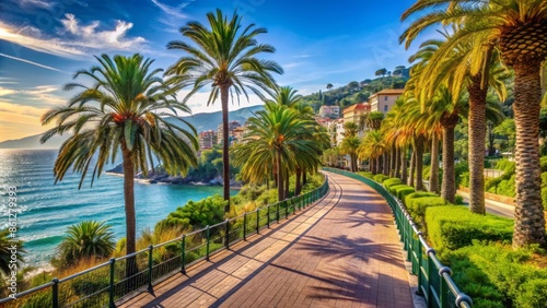 Serene winding promenade overlooking turquoise Mediterranean Sea, picturesque palm-lined boulevard, and lush green hills in sunny San Remo, Liguria, Italy. photo