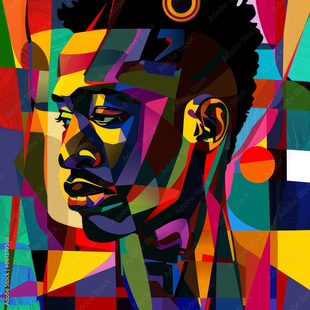 Fototapeta Abstract Portrait of an African American Man Celebrating Black History Month. Graphic Shapes in Pan-African Colors, Vibrant, Flat Design, Pride Month, LGBTQ+ Day, Inclusivity, Freedom, AI-Generated Hi
