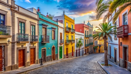 Vibrant pastel-colored houses line narrow cobblestone streets in picturesque Las Palmas old town residential district on Gran Canaria island.