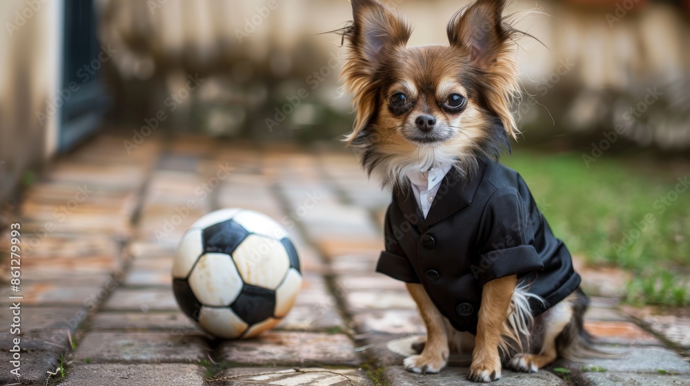 A suit-clad, long-haired Chihuahua dog rests on a concrete paving block floor next to an old soccer ball. A suit-clad, long-haired Chihuahua dog rests on a concrete paving block floor next to an old soccer ball.