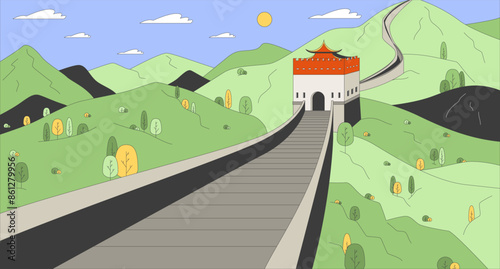 Beijing Great Wall of China cartoon flat illustration. Chinese picturesque landscape 2D line landmark colorful background. Stone fortification with watchtower scene vector storytelling image