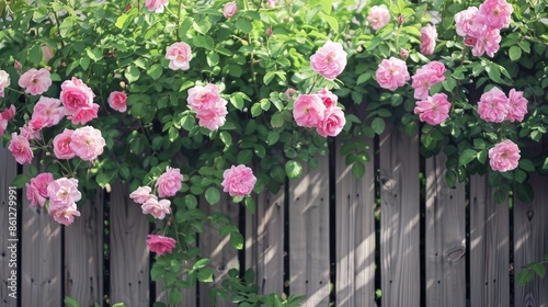 A pink rose bush in full bloom grows along a wooden fence in a residential backyard