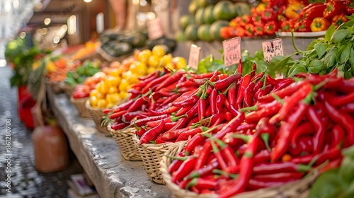 Various bell peppers in baskets on market display