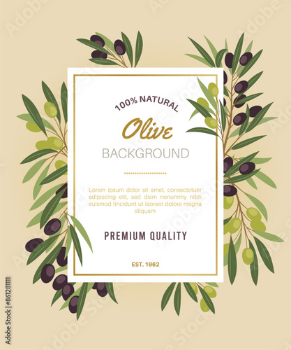 Olive twigs frame. Black and green berries, mediterranean plant branches, natural product, organic food, oil ingredient, product label design, card or poster, invitation tidy vector concept