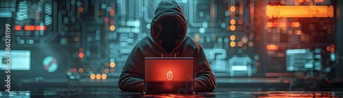 Rule of thirds composition shot ofHacker Cyber criminal with laptop and related icons behind it Cyber crime