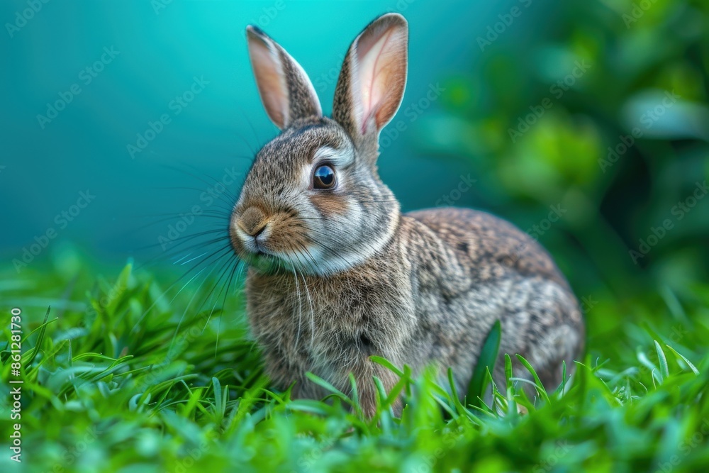 A grey bunny sits calmly in lush, green grass with a vibrant background. The bunny looks alert and content, enjoying its natural surroundings in a bright, outdoor setting. A grey bunny sits calmly in lush, green grass with a vibrant background. The bunny looks alert and content, enjoying its natural surroundings in a bright, outdoor setting.
