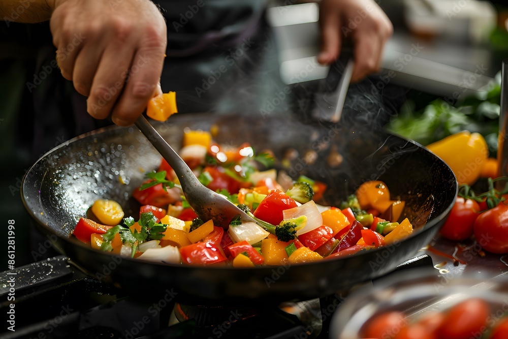 Vegetables cooking in wok on stove