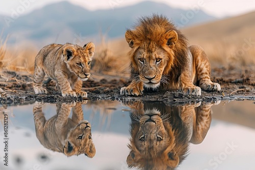 Rule of thirds composition shot ofLion cub looking the reflection of an adult lion in the water on a background of mountains