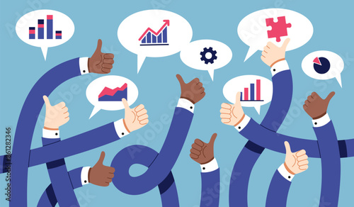Long business people hands. Flexible human arms in office suits, gesture of success, thumbs up, growing charts in speech bubble, like symbol, tidy vector cartoon flat isolated concept
