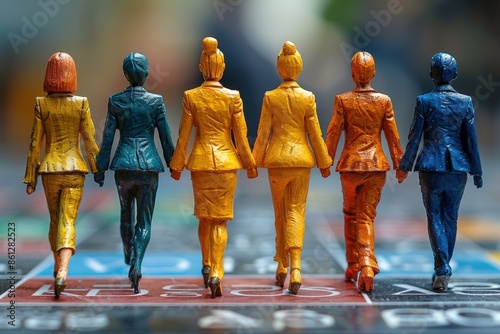 A set of six brightly colored figurine people holding hands and walking forward together, symbolizing unity, teamwork, and forward movement, perfect for business or creative themes. photo