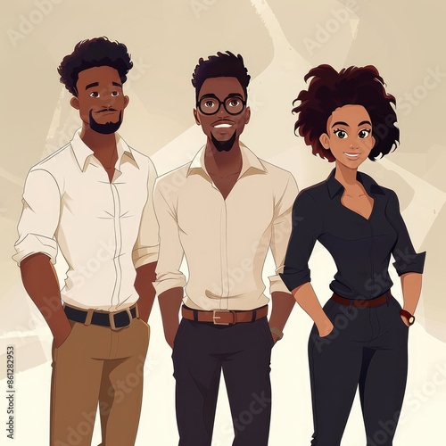 3 black founders, 2 dark-skinned male and 1 light-skinned female, cartoons photo