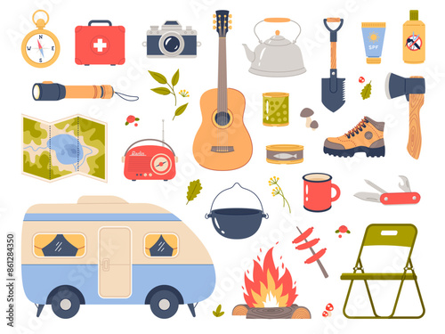 Cartoon camping elements. Outdoor recreation, camper, bonfire, cutlery and map, survival in the wild forest, summer tourism, hiking equipment, leisure time on nature, vector isolated set