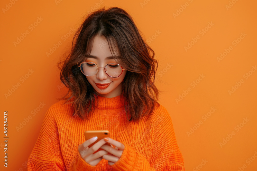 A young woman in an orange sweater using a smartphone against an orange background A young woman in an orange sweater using a smartphone against an orange background