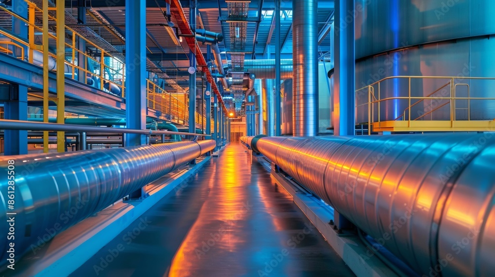 Vivid interior of hydrogen production and processing facility, showcasing advanced technology and industrial operations