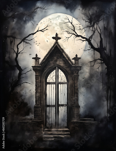 Scary gothic doors. Dark halloween night scene. Generative AI. © StylishDesignStudio