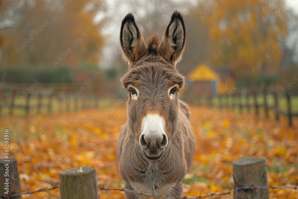 An adorable donkey stands in a field covered in autumn leaves, facing the camera with curious eyes. In the background, a fence and blurred foliage create a cozy rural scene. An adorable donkey stands in a field covered in autumn leaves, facing the camera with curious eyes. In the background, a fence and blurred foliage create a cozy rural scene.