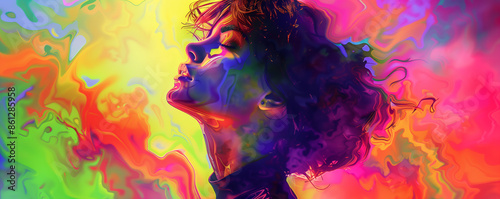 Portrait of a person with a kaleidoscope of emotions and colors swirling around them, colorful background in vibrant rainbow hues © seksun