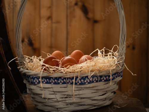 Freshly laid eggs in straw basket