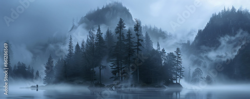 Mystical Foggy Island An island shrouded in mist and fog, with eerie, tall trees and a sense of mystical enchantment surrounding the landscape photo