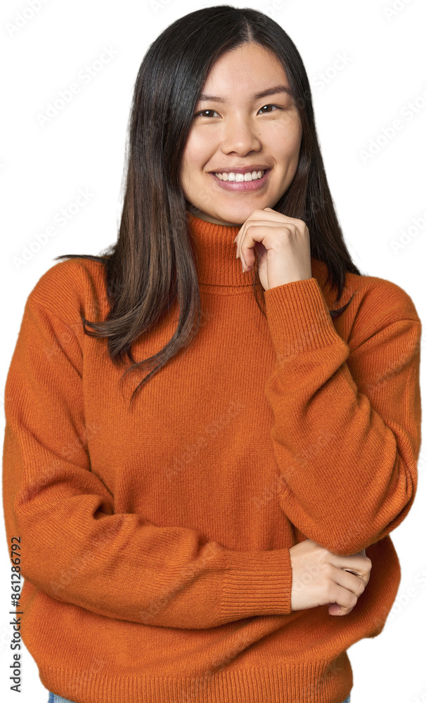 Young Chinese woman smiling happy and confident, touching chin with hand. Young Chinese woman smiling happy and confident, touching chin with hand.