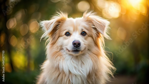 Close-up photo of a fluffy dog with a wagging tail, pet, animal, canine, cute, fur, tail, domestic, mammal, loyal, playful