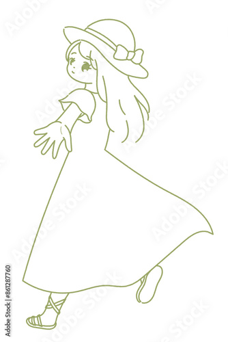 線画のワンピースと麦わら帽子の少女のイラスト