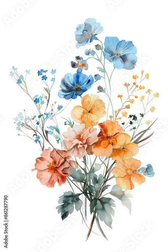 A delicate watercolor painting depicts a bouquet of assorted flowers