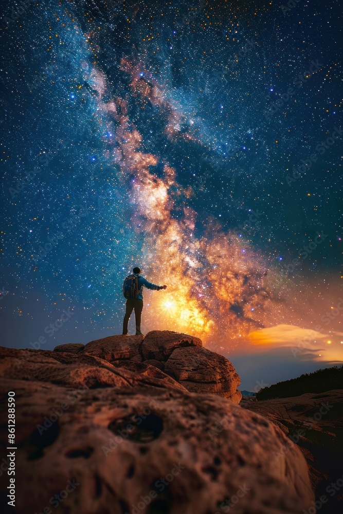 Obraz premium a person handheld flashlight on the giant rock in starry night sky. Bright milky way galaxy behind him.