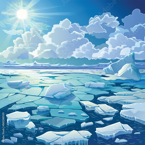 Frozen Arctic Landscape with Cracked Ice and Sunlit Sky