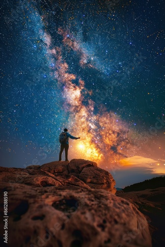 a person handheld flashlight on the giant rock in starry night sky. Bright milky way galaxy behind him.