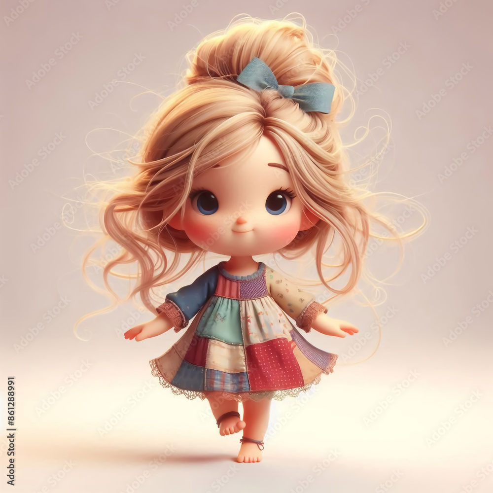 Funny adorable doll cartoon with patchwork dress Funny adorable doll cartoon with patchwork dress