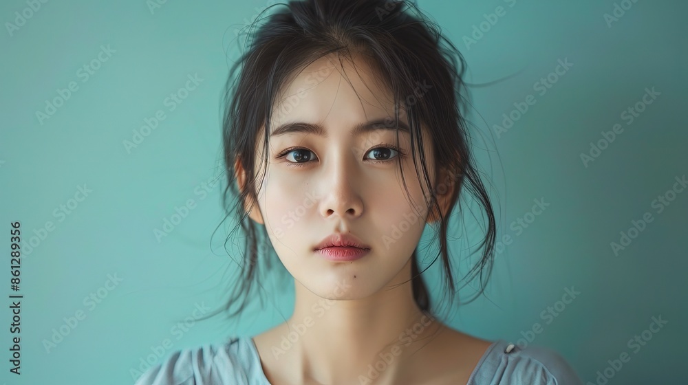 Beautiful korean woman sad expression, 25 year old, trendy costume Beautiful korean woman sad expression, 25 year old, trendy costume
