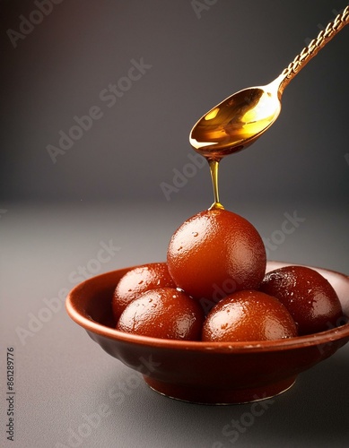 indian sweet gulab jamun with topping syrup in bowl