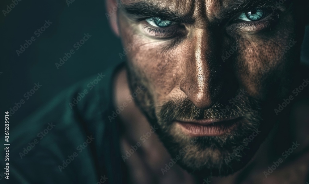 Close-up portrait of a man with a chiseled face and intense expression Close-up portrait of a man with a chiseled face and intense expression