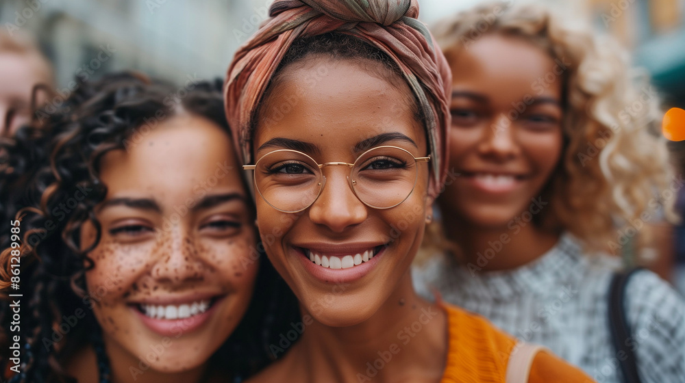 Smiling women posing closely outdoors, showing unity and joy. Smiling women posing closely outdoors, showing unity and joy.