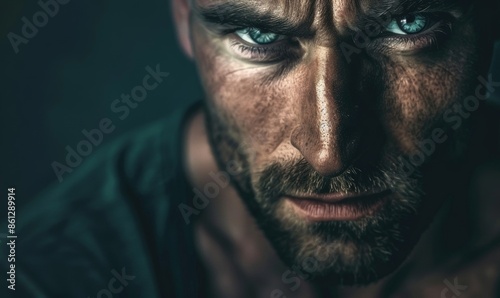 Close-up portrait of a man with a chiseled face and intense expression
