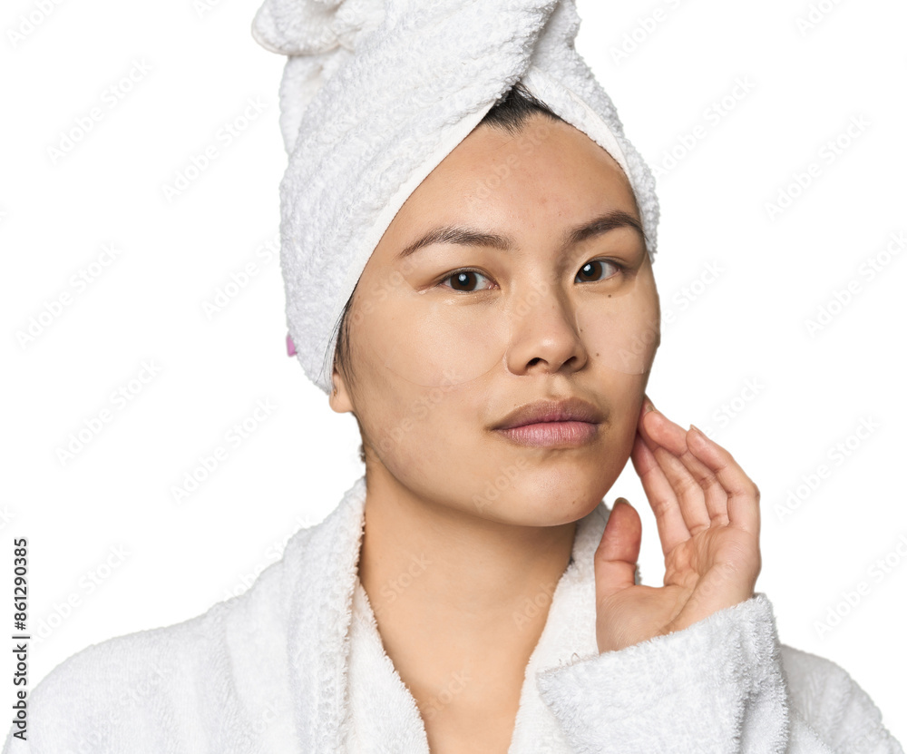Serene young Chinese woman in robe posing in studio Serene young Chinese woman in robe posing in studio