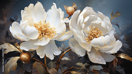 Fototapeta Naklejka Na Ścianę i Meble -  Large white peonies with gold leaves, illustration, volumetric, fresco, building, art, painting, Generative AI