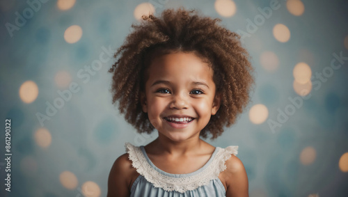 Bambina afro americana sorridente su sfondo colorato di azzurro photo
