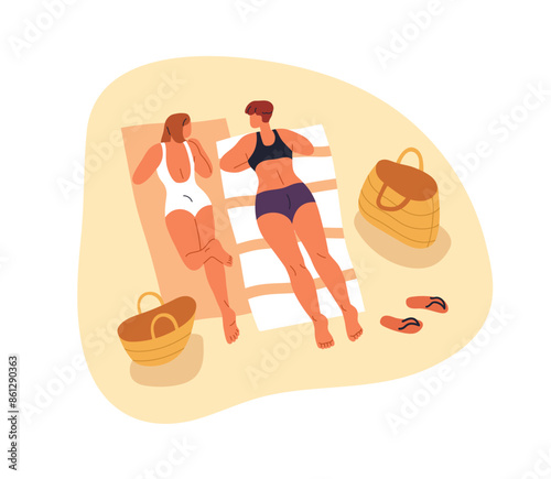 Sunbathing woman on summer beach. Holiday leisure time, girl friends relaxing on sand, lying in bikini, chatting, chilling. Females at sea resort. Flat vector illustration isolated on white background